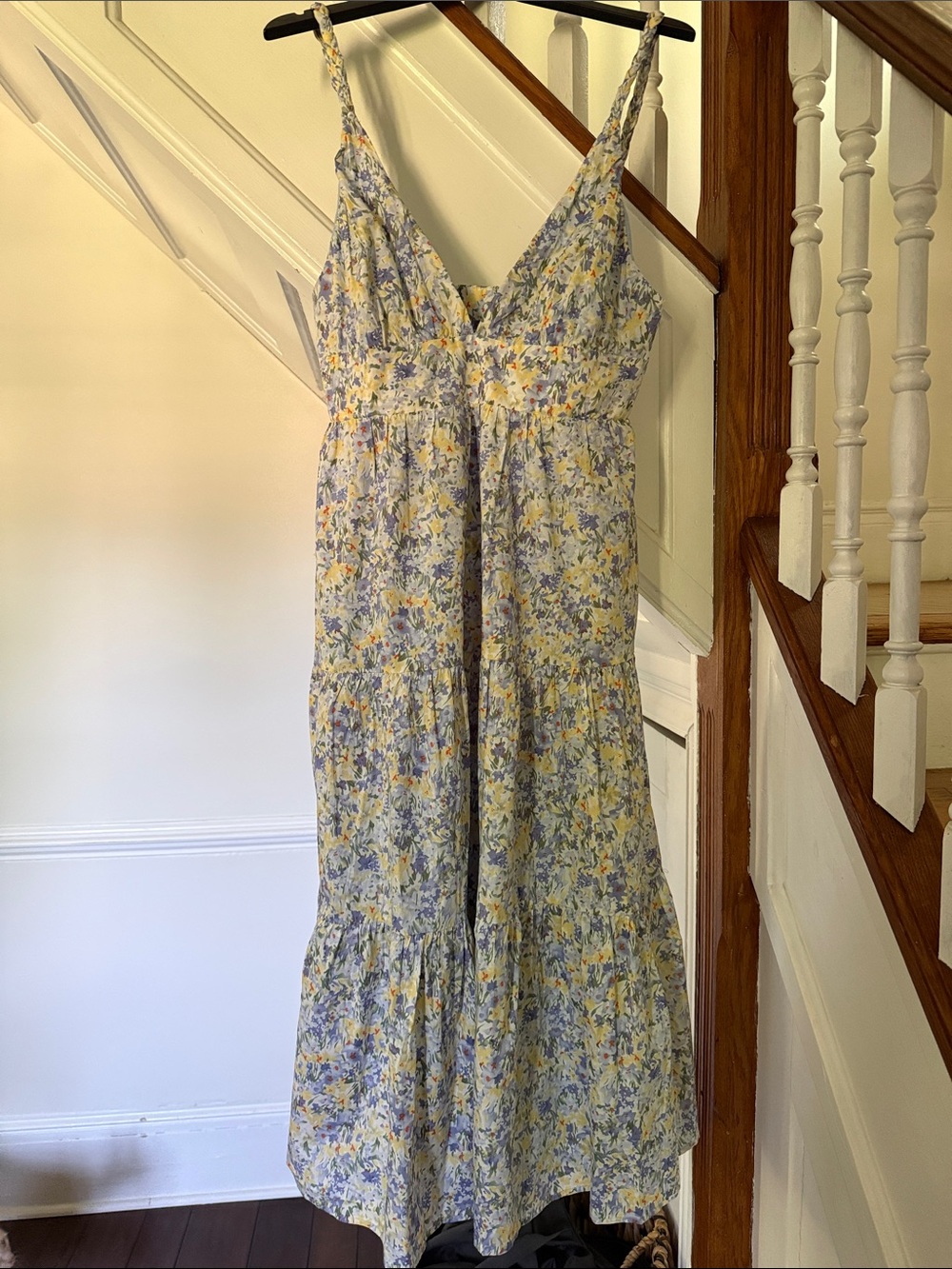 Lulu's Medium Blue and Yellow Floral V-Neck Tiered Midi Dress